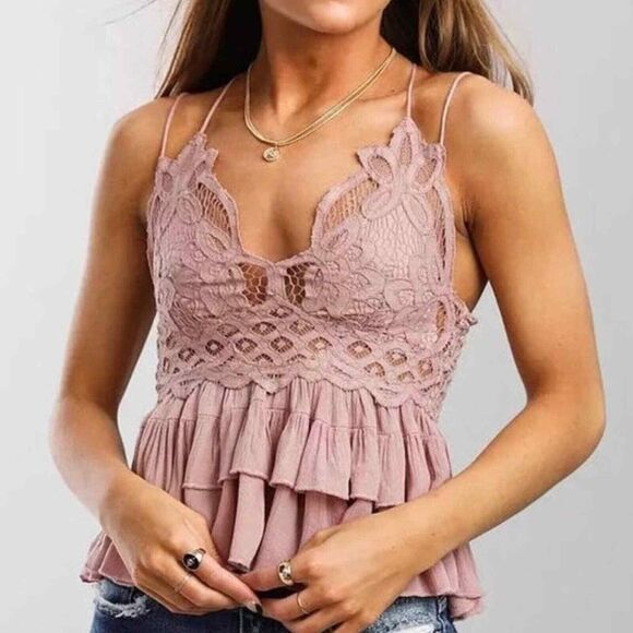 Free People Intimately Adella Cami S Mauve Pink Lace Tiered Peplum Crop NWT B85 - Picture 1 of 6
